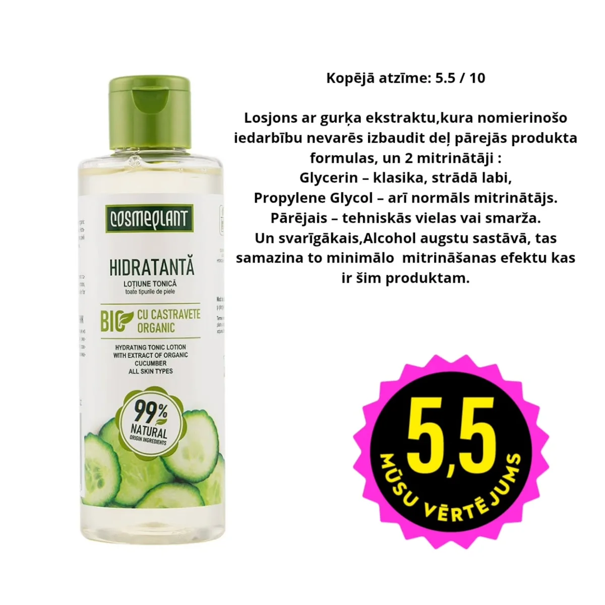 Cucumis Sativus (Cucumber) Fruit Extract, Aqua, Alcohol, Glycerin, Sodium Chloride, PEG-40 Hydrogenated Castor Oil, Propylene Glycol, Parfum, Limonene, Benzyl Salicylate