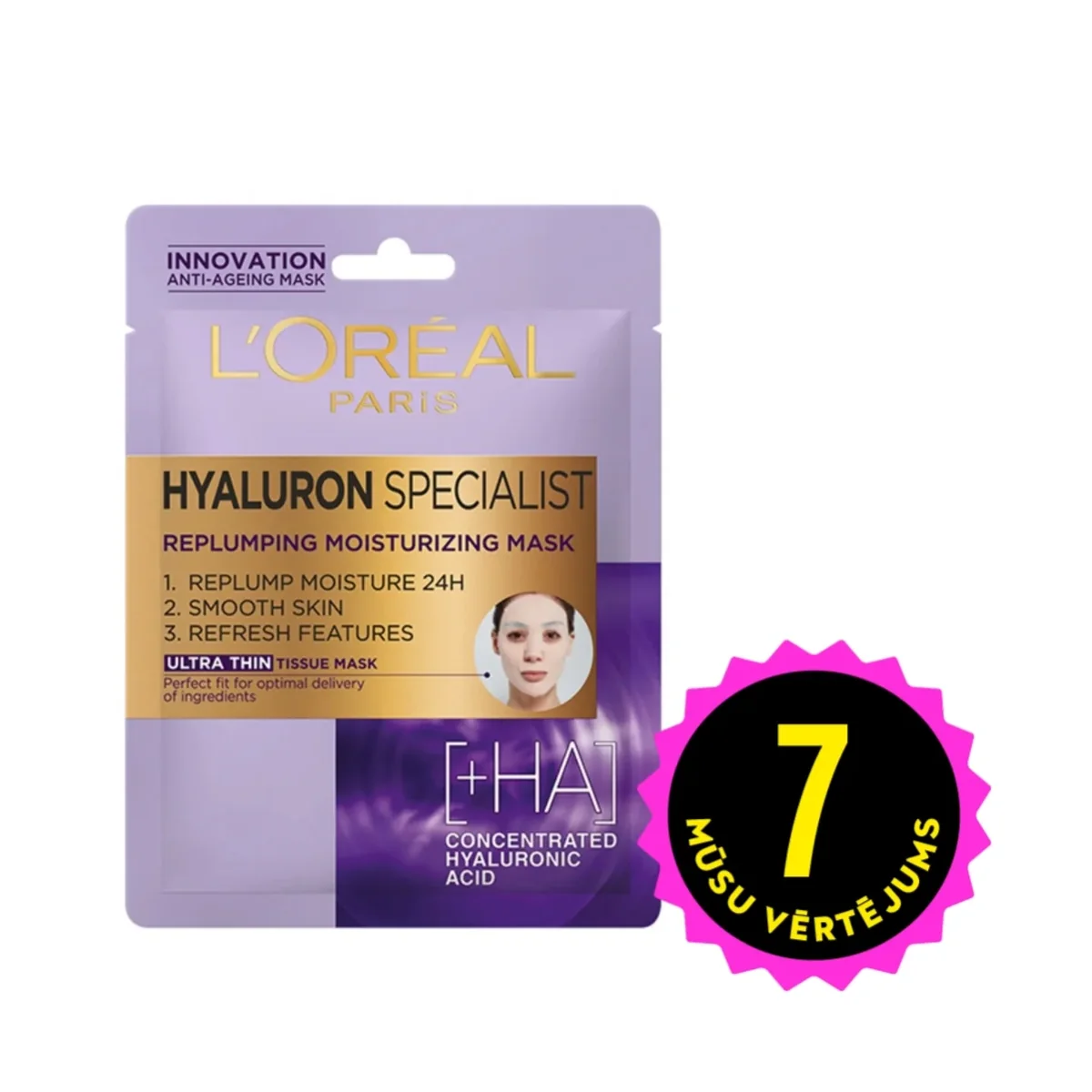 L'OREAL Hyaluron Specialist tvirtumu piešķiroša un mitrinoša sejas maska-salvete