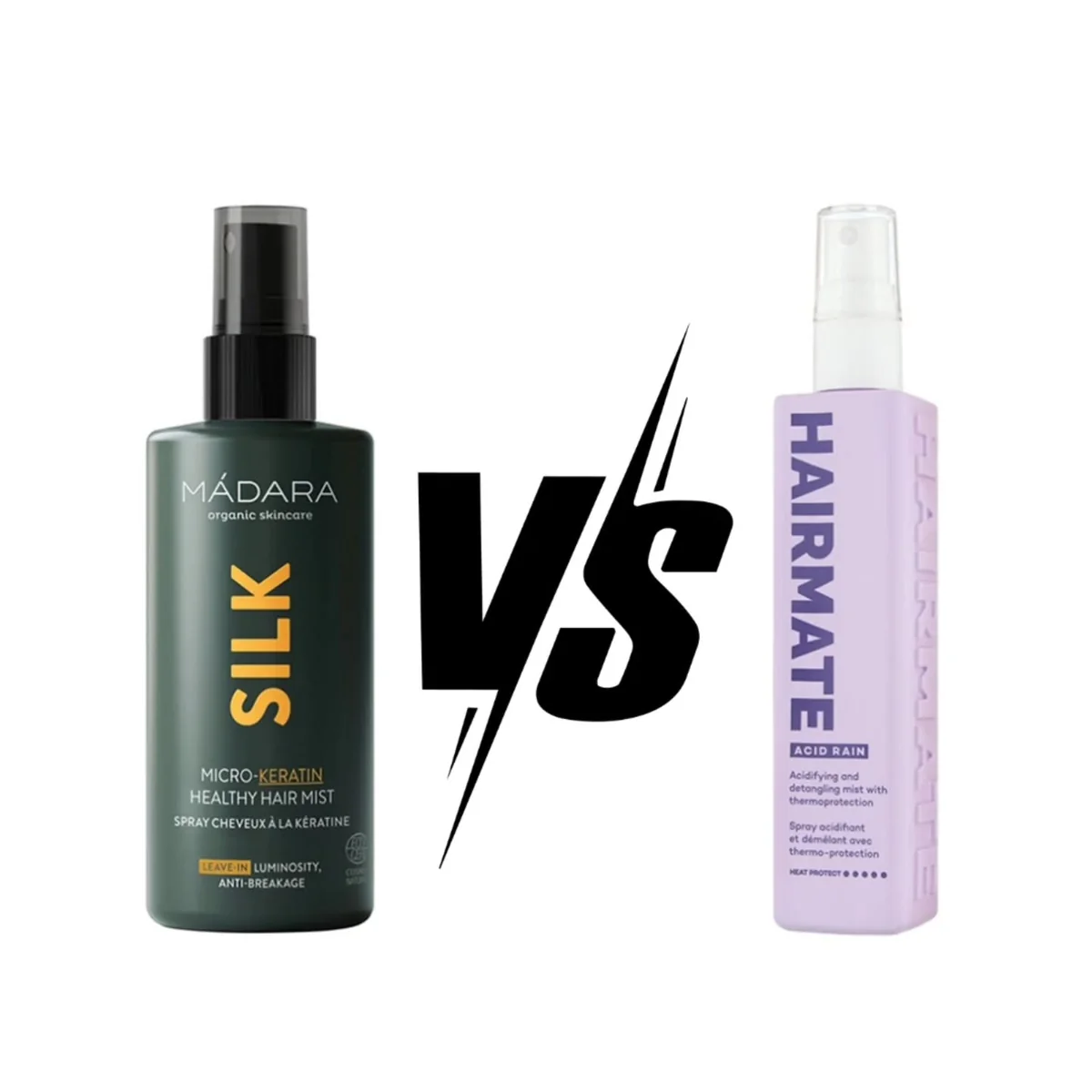 HAIRMATE Acid Rain sprejs matiem vs MADARA SILK Micro-Keratin Healthy matu sprejs